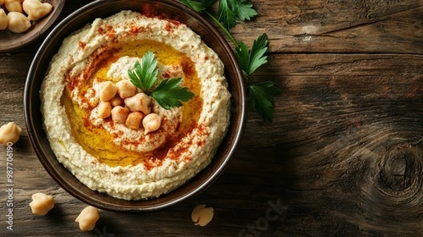 Fototapeta Bowl of Hummus with Chickpeas, Olive Oil, and Paprika on Wooden Table