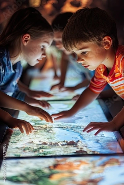 Obraz Children exploring interactive displays, engaging with educational content.