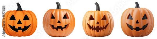 Fototapeta Four cheerful Halloween pumpkins with different facial expressions, set against a black background, celebrating the festive spirit of the season.