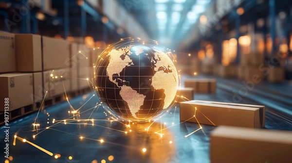 Fototapeta A glowing globe surrounded by a network of lines, with cardboard boxes in the background, representing global trade and logistics.