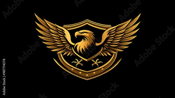 Fototapeta A golden eagle with wings spread wide, perched atop a shield with stars and talons.