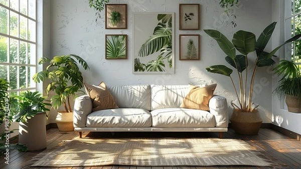 Fototapeta Interior of modern living room with white sofa