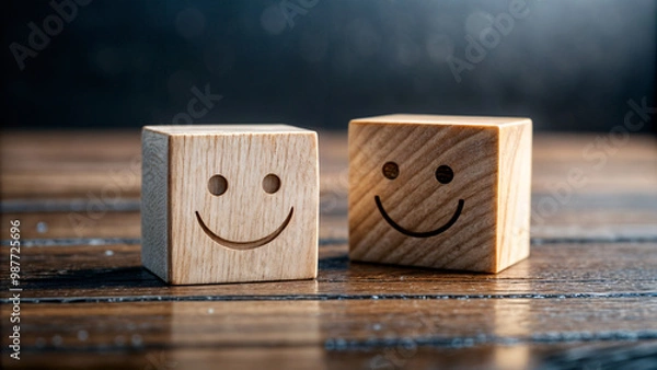 Obraz happy dice on a wooden table, smiling 