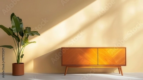 Fototapeta Handfinished teak media console with geometric designs in a minimalist living room, soft ambient lighting, teak furniture, modern artisan