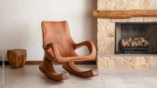 Fototapeta Handsculpted teak rocking chair with flowing lines in a rustic cabin living room, next to a stone fireplace, teak furniture, rustic craftsmanship