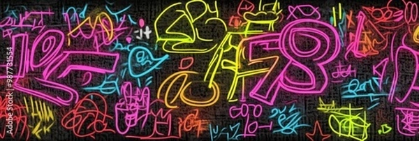 Fototapeta Vibrant Neon Graffiti Art on Urban Wall Showcasing Bold Letters and Symbols in an Abstract Style