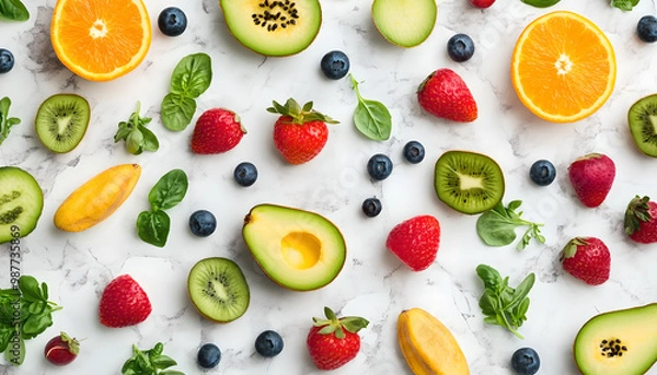 Obraz Healthy Food Ingredients Background: Top View of Fresh Vegetables and Fruits with Space for Text - Recipe and Menu Card Template