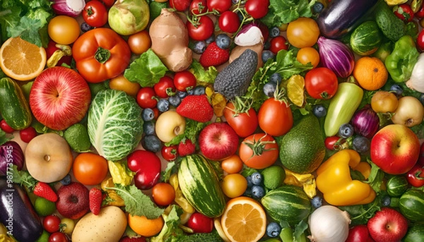 Obraz Healthy Food Ingredients Background: Top View of Fresh Vegetables and Fruits with Space for Text - Recipe and Menu Card Template