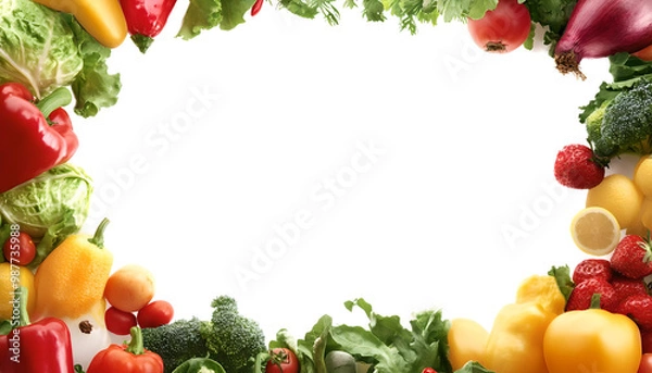 Obraz Healthy Food Ingredients Background: Top View of Fresh Vegetables and Fruits with Space for Text - Recipe and Menu Card Template