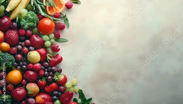 Obraz Healthy Food Ingredients Background: Top View of Fresh Vegetables and Fruits with Space for Text - Recipe and Menu Card Template