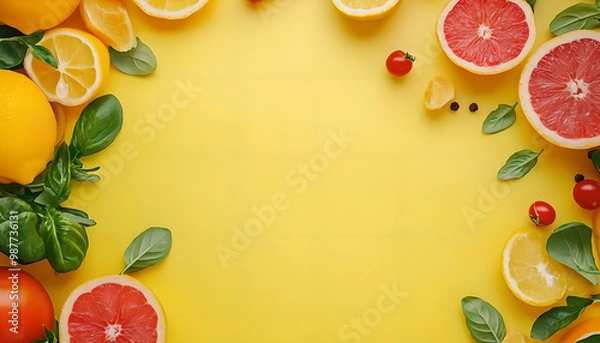 Obraz Healthy Food Ingredients Background: Top View of Fresh Vegetables and Fruits with Space for Text - Recipe and Menu Card Template