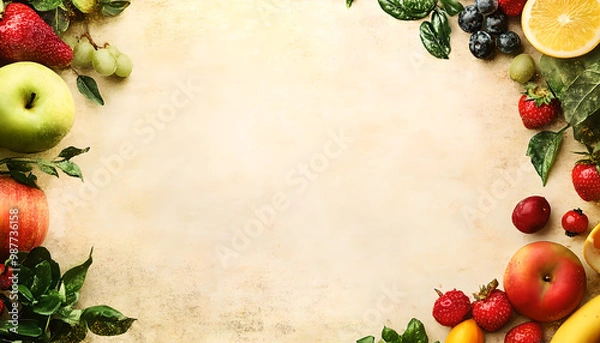 Obraz Healthy Food Ingredients Background: Top View of Fresh Vegetables and Fruits with Space for Text - Recipe and Menu Card Template