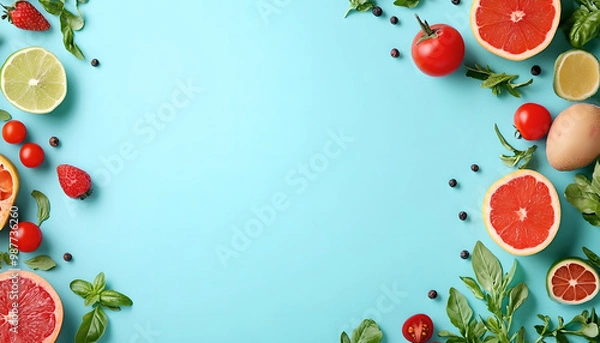 Obraz Healthy Food Ingredients Background: Top View of Fresh Vegetables and Fruits with Space for Text - Recipe and Menu Card Template