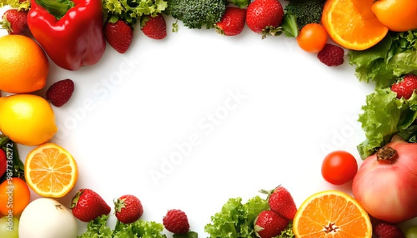 Obraz Healthy Food Ingredients Background: Top View of Fresh Vegetables and Fruits with Space for Text - Recipe and Menu Card Template