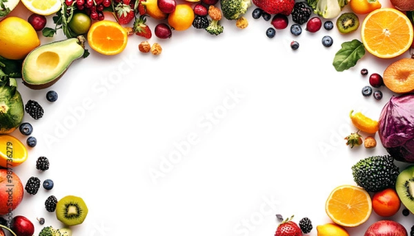 Obraz Healthy Food Ingredients Background: Top View of Fresh Vegetables and Fruits with Space for Text - Recipe and Menu Card Template