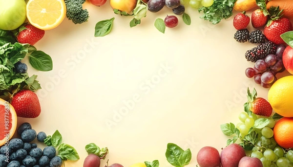 Obraz Healthy Food Ingredients Background: Top View of Fresh Vegetables and Fruits with Space for Text - Recipe and Menu Card Template