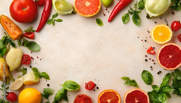 Obraz Healthy Food Ingredients Background: Top View of Fresh Vegetables and Fruits with Space for Text - Recipe and Menu Card Template
