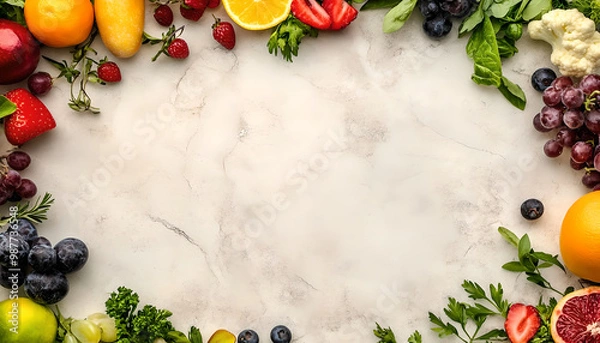 Obraz Healthy Food Ingredients Background: Top View of Fresh Vegetables and Fruits with Space for Text - Recipe and Menu Card Template