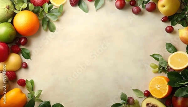 Obraz Healthy Food Ingredients Background: Top View of Fresh Vegetables and Fruits with Space for Text - Recipe and Menu Card Template