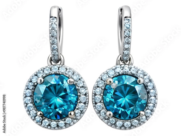 Obraz Round Diamond Drop Earrings, diamond earrings on transparent or white background.