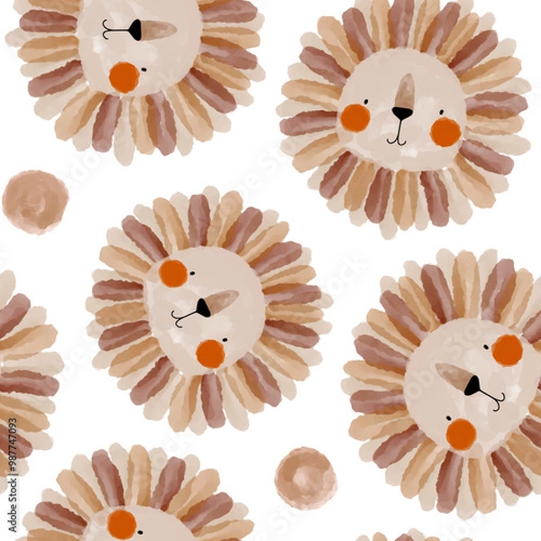 Obraz Watercolor cute kids lion face with dots, brown seamless pattern design