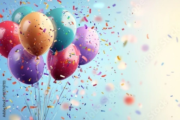 Fototapeta Happy Birthday" text with balloons and confetti, ideal for greeting card designs.
