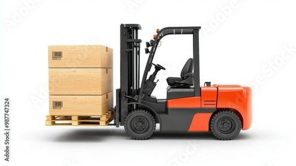 Fototapeta Forklift Lifting Pallets of Cargo Boxes