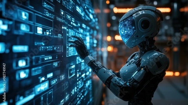 Obraz Futuristic Robot Using Advanced Holographic Interface in a High-Tech Environment