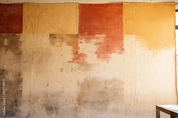 Fototapeta Wabi-sabi background, where hand-made paper meets natural dye and sumi ink on an ancient wall 