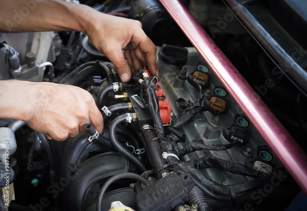 Obraz Hands man auto mechanic tuner LPG system of car engine on car engine background for maintenance or repair service concept.Close up.
