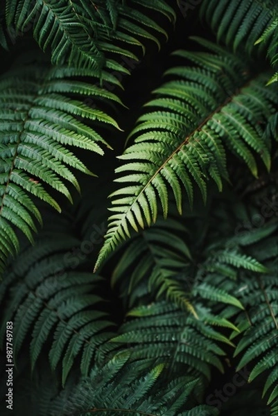 Fototapeta Close-up of lush green fern fronds with a dark background.