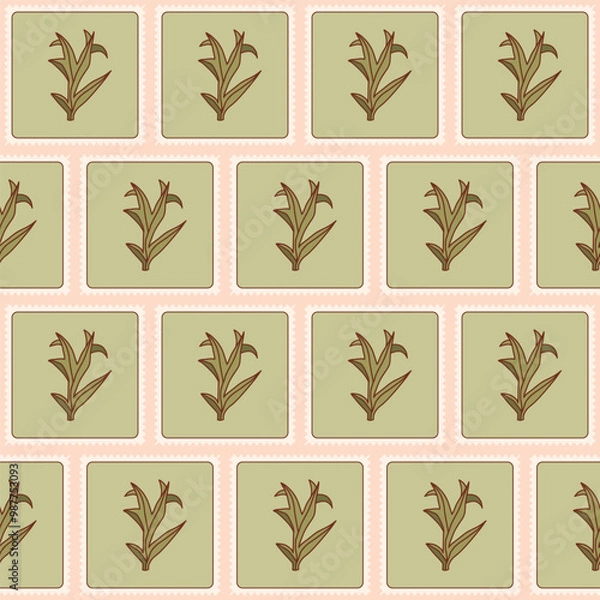 Fototapeta Leaf seamless pattern. Plant patchwork repeat background. Floral retro post stamps endless design. Vector hand drawn flat illustration.