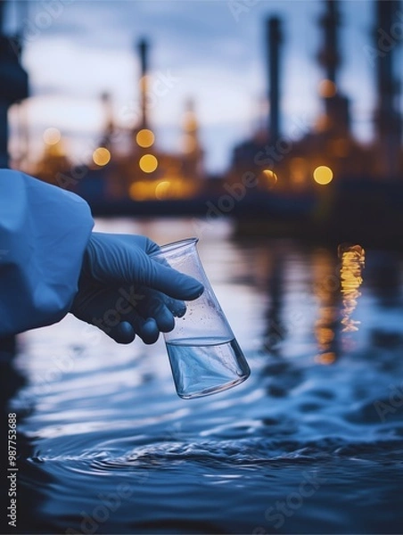 Fototapeta Handling gloves collect a wastewater sample into a flask or test tube for laboratory water analysis, emphasizing industrial and environmental concepts. 
