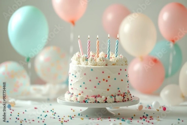 Fototapeta Pastel-colored birthday scene with cake and balloon confetti on a light background.