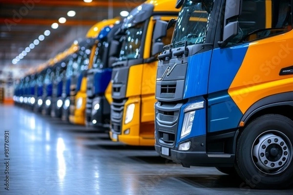 Fototapeta A row of trucks lined up at a distribution center, ready for delivery, representing the logistics industry