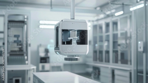 Fototapeta Electronics product mockup displayed in a floating, zero-gravity lab where the device rotates in mid-air, revealing its innovative design from all angles