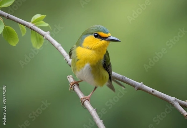 Fototapeta A bird with a long beak perched on a branch against a blurred green background