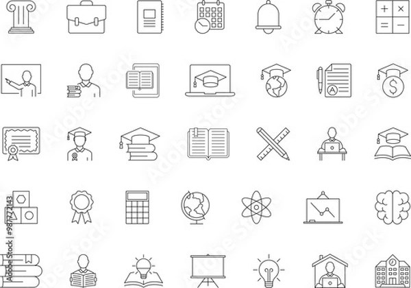 Fototapeta Education simple thin line icons. E-learning, tutorial, distance learning, video and audio courses collection. Academy, school, college, student. Vector illustration.