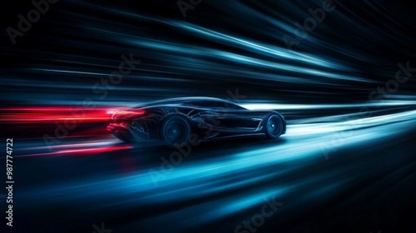 Obraz A futuristic car speeds through with blue and red light trails, emphasizing motion, high-tech design, and advanced automotive innovation