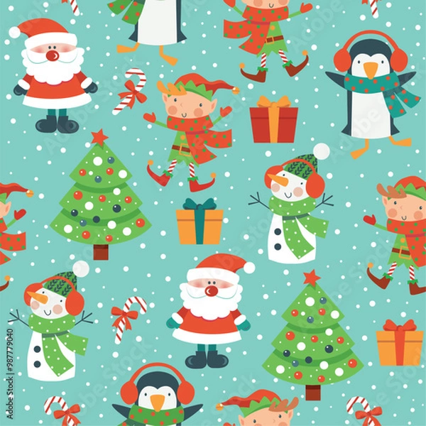 Fototapeta Seamless Christmas pattern with Santa, snowman, tree,  elf and snow on blue background, 
