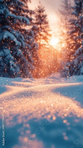 Fototapeta Snowy Landscape with Trees in a Blurred Forest