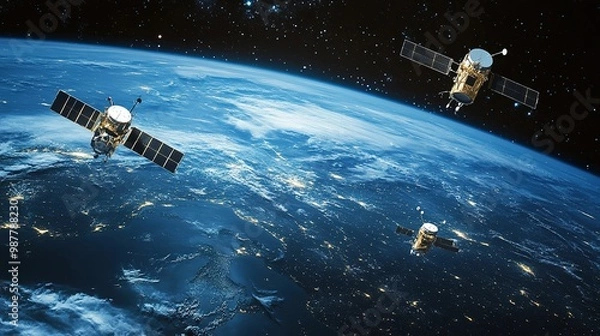 Fototapeta A stunning view of Earth with multiple satellites orbiting, showcasing the vastness of space and advanced technology in satellite communications.
