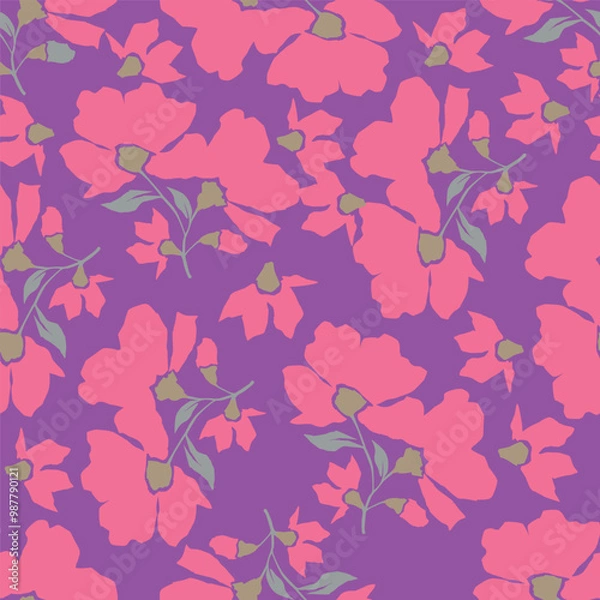 Fototapeta pattern, flower, seamless, vector, floral, leaf, nature, wallpaper, illustration, design, decoration, plant, spring, art, ornament, summer, butterfly, leaves, silhouette, flowers, vintage, texture, 