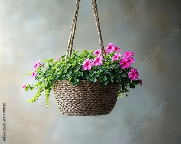 Fototapeta A vibrant hanging basket overflowing with petunias, ferns, and cascading ivy, lush and colorful