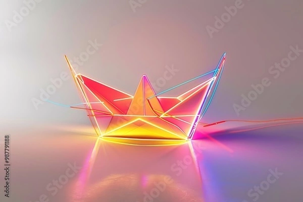 Fototapeta Vibrant abstract mash of neon lines and points forming a paper boat on a clean white background, captured in high-definition to showcase the striking contrast and detail.