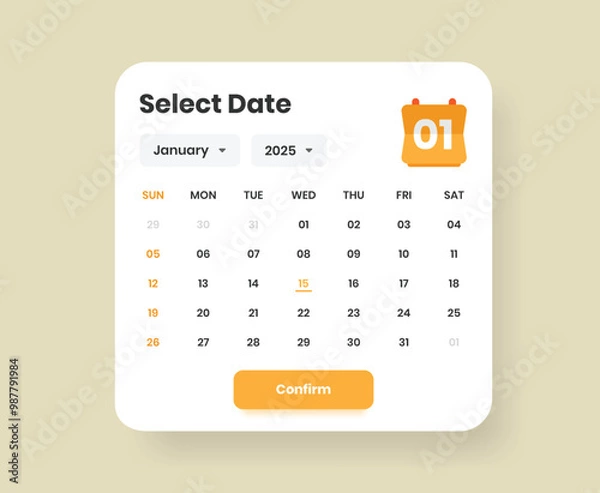 Fototapeta Date picker minimalist calendar popup ui template design for mobile and web interface