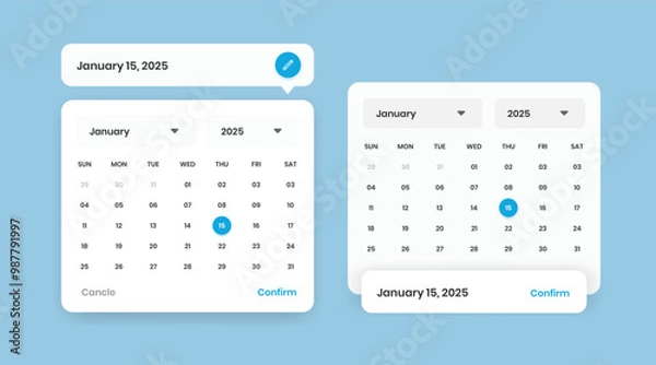Fototapeta Modern date picker calendar popup layout design with two variations for mobile and web interface design