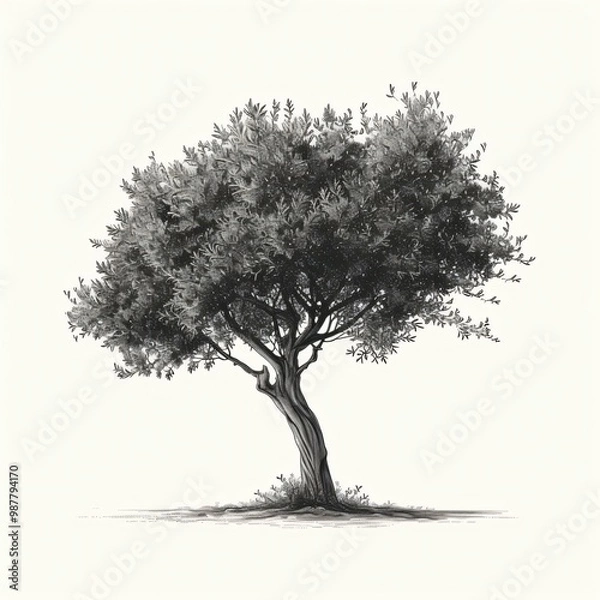 Fototapeta Hand-drawn illustration of a tree with a twisted trunk and lush foliage against a white background.