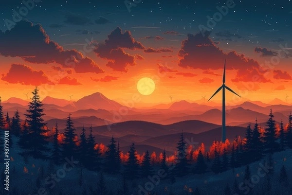 Fototapeta Serene Sunset Over Mountains with Wind Turbine