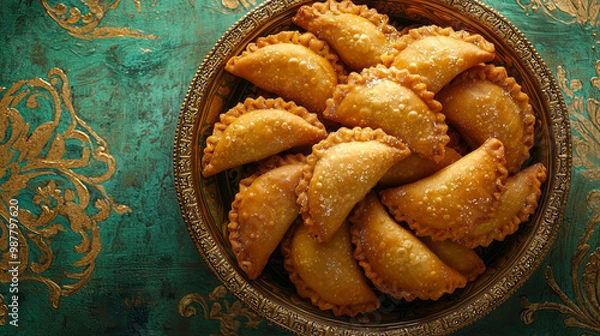 Fototapeta Crispy, golden Gujiya with a delicate sugar coating, arranged in a traditional bowl